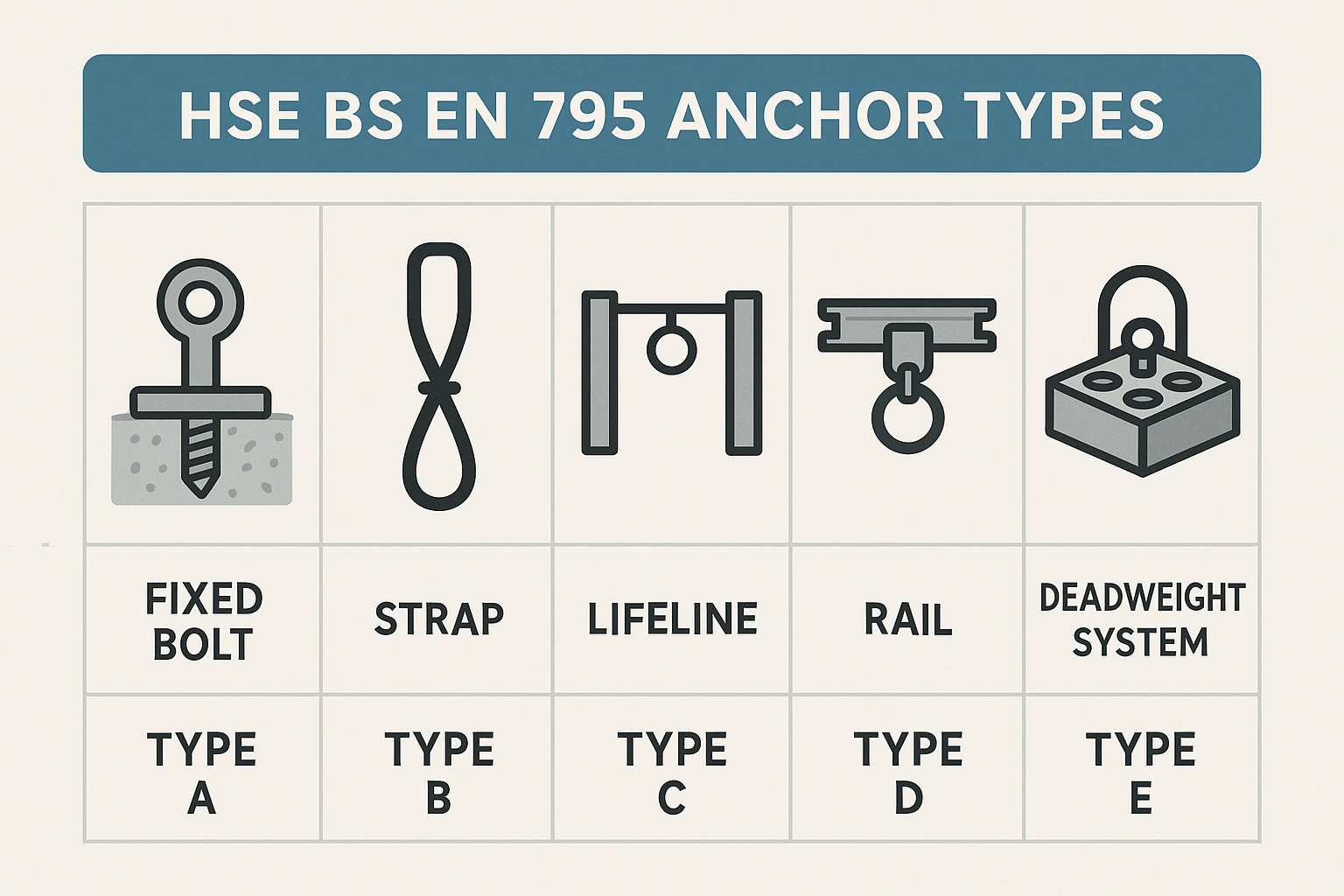 Infographic showing BS EN 795:2012 anchor point types A to E