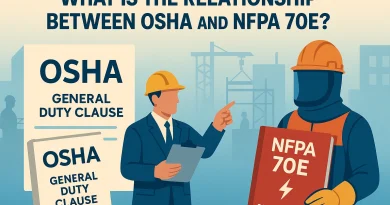 A flat-style digital illustration visually comparing OSHA General Duty Clause enforcement and NFPA 70E electrical safety guidelines with clear depictions of compliance processes and citations for electrical hazards.