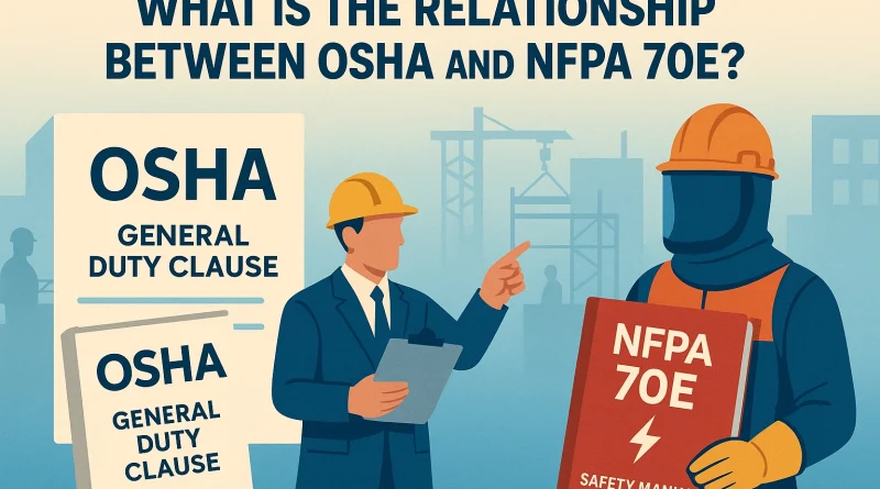 A flat-style digital illustration visually comparing OSHA General Duty Clause enforcement and NFPA 70E electrical safety guidelines with clear depictions of compliance processes and citations for electrical hazards.