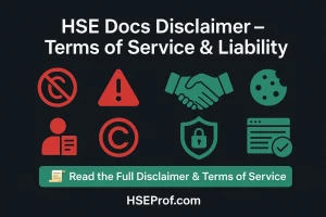 Feature image showing HSE Docs Disclaimer with icons for legal restrictions, cookies, user trust, and compliance on a dark professional background with HSEProf.com branding.