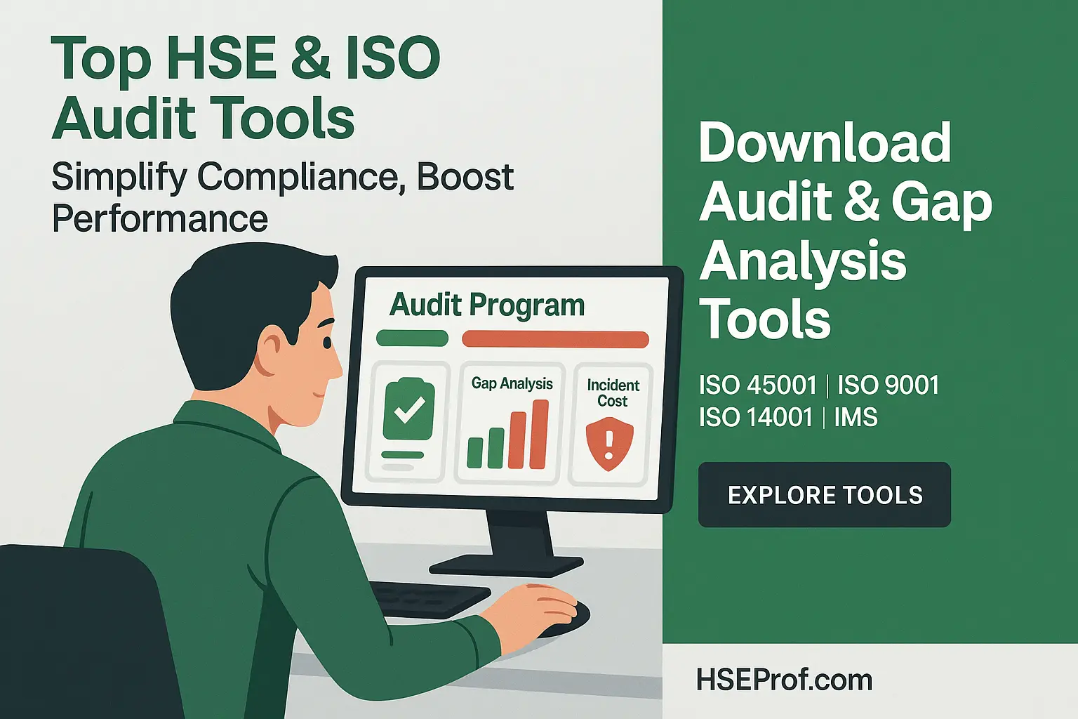 Flat-vector illustration showing safety officer reviewing HSE audit dashboards and ISO compliance charts in green and red.